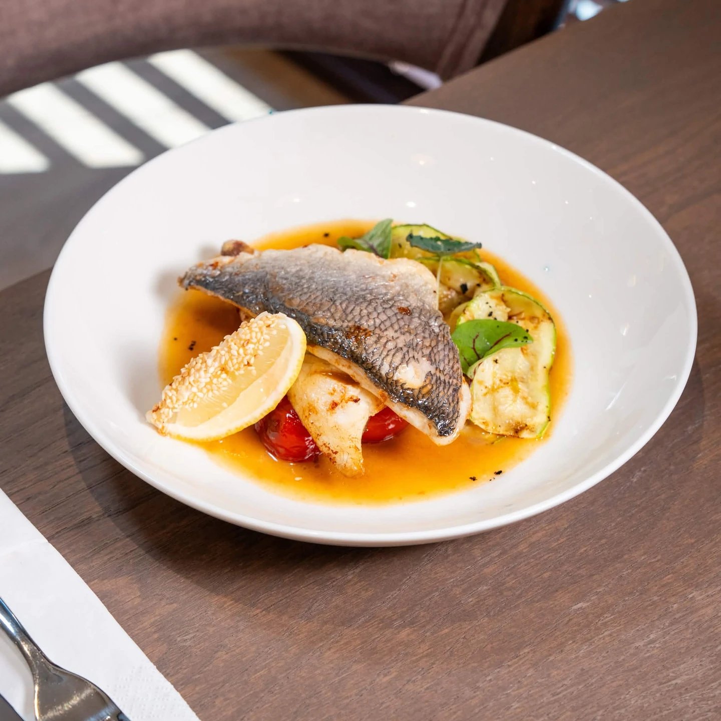 Sea Bream Fillet with Cherry Tomatoes and Zucchini