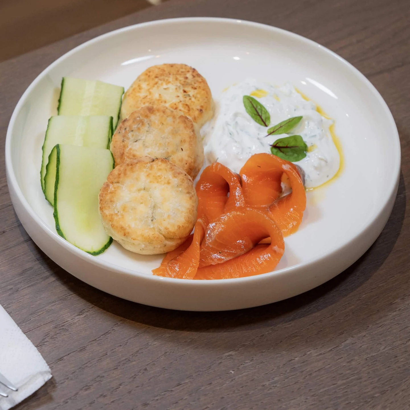 Savoury Cheese Dumplings with Salmon and Tzatziki Sauce