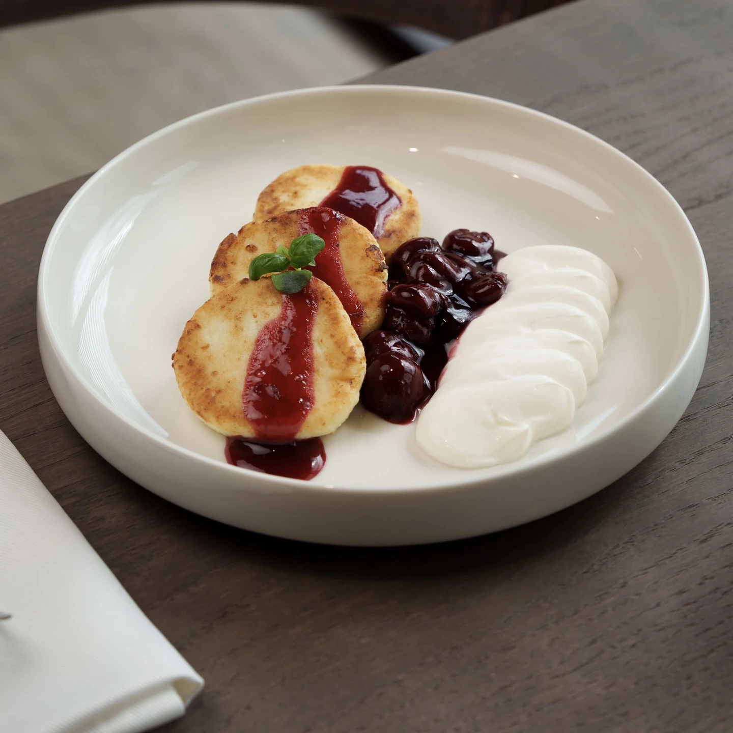 Sweet Cheese Dumplings with Sour Cherry Sauce and Mascarpone Cream